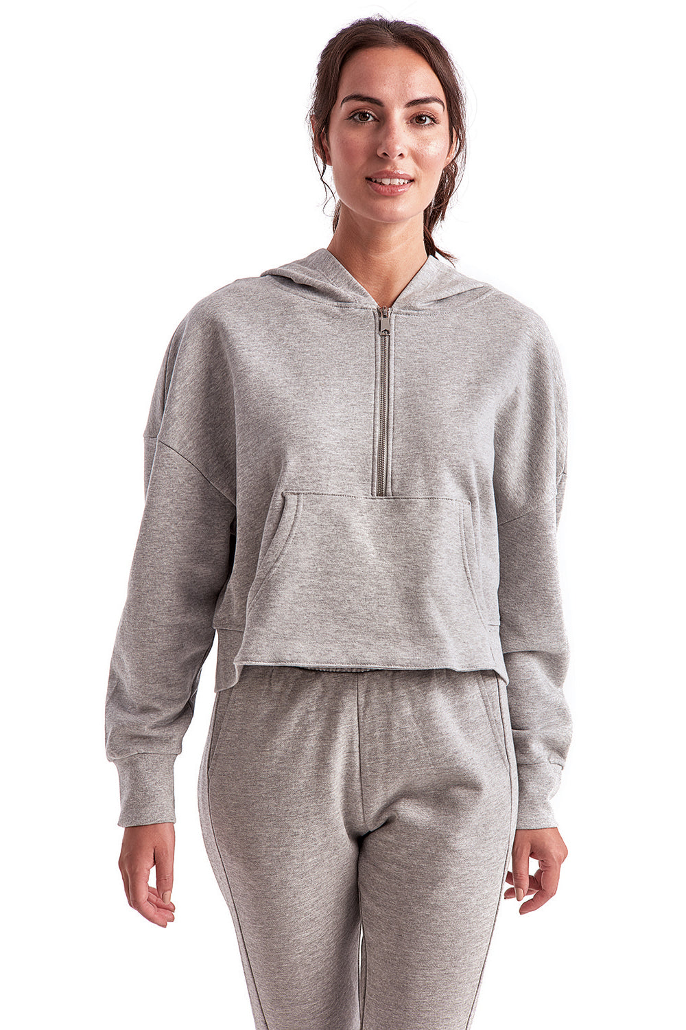 TriDri TD077 Womens Alice 1/4 Zip Hooded Sweatshirt Hoodie w/ Pouch Pocket Heather Grey Model Front