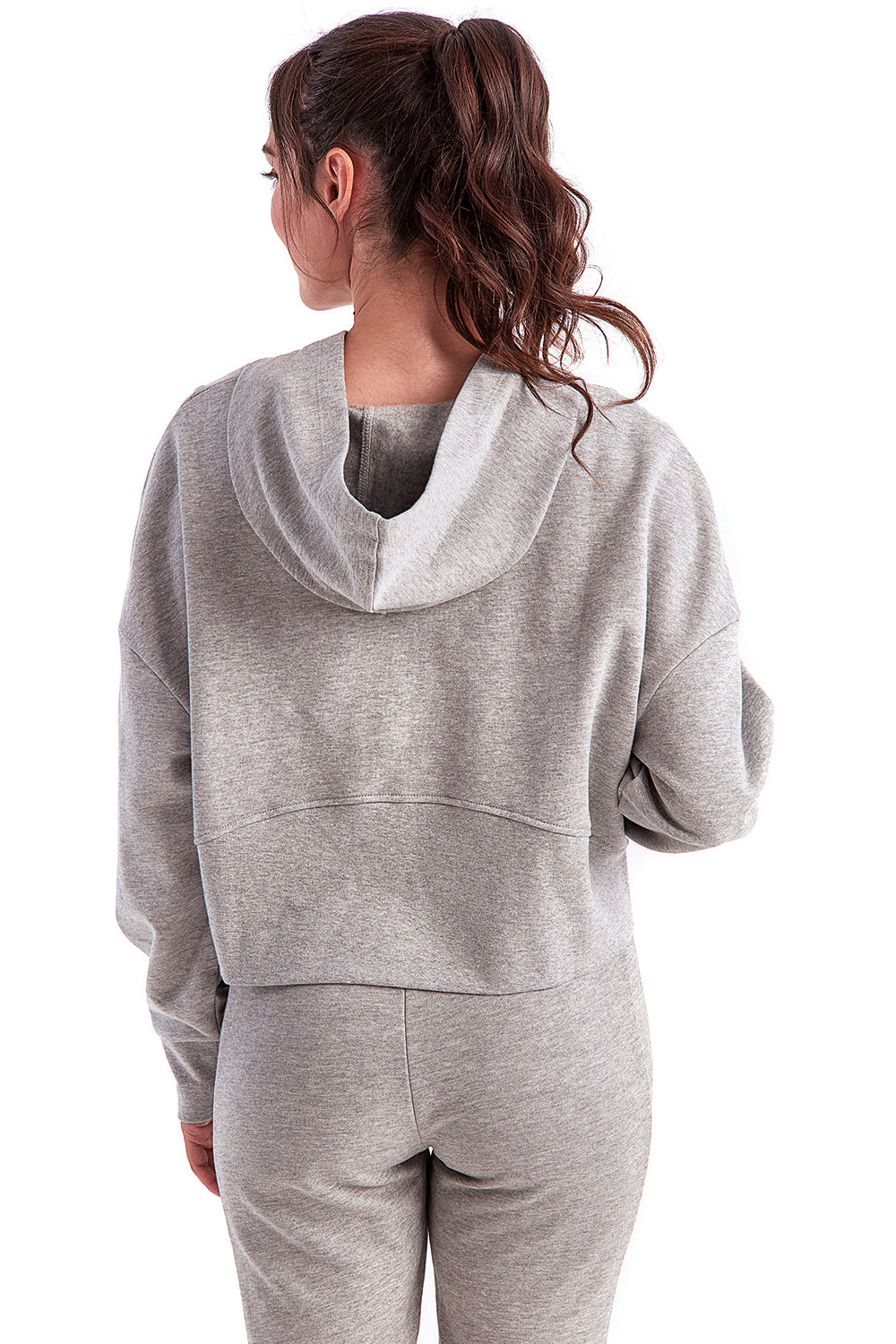 TriDri TD077 Womens Alice 1/4 Zip Hooded Sweatshirt Hoodie w/ Pouch Pocket Heather Grey Model Back