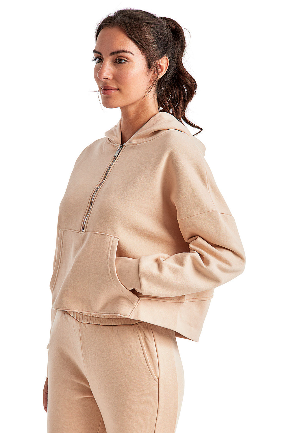 TriDri TD077 Womens Alice 1/4 Zip Hooded Sweatshirt Hoodie w/ Pouch Pocket Nude Model 3q