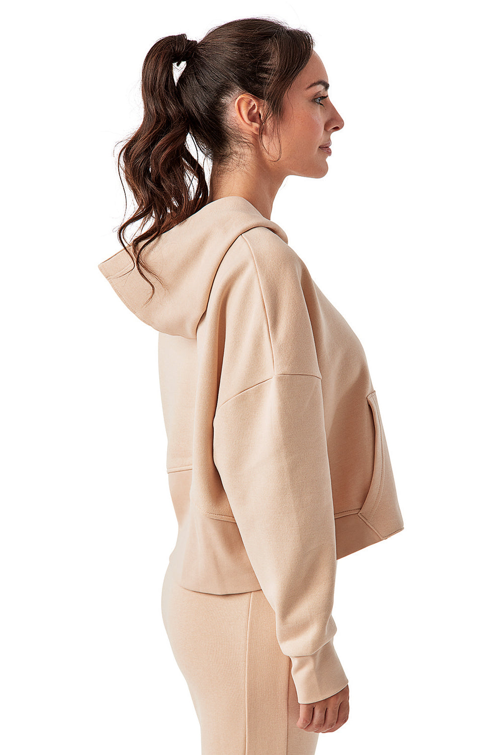 TriDri TD077 Womens Alice 1/4 Zip Hooded Sweatshirt Hoodie w/ Pouch Pocket Nude Model Side