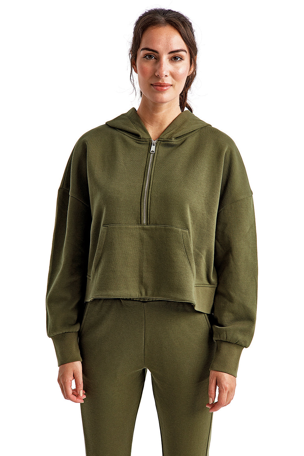 TriDri TD077 Womens Alice 1/4 Zip Hooded Sweatshirt Hoodie w/ Pouch Pocket Olive Green Model Front