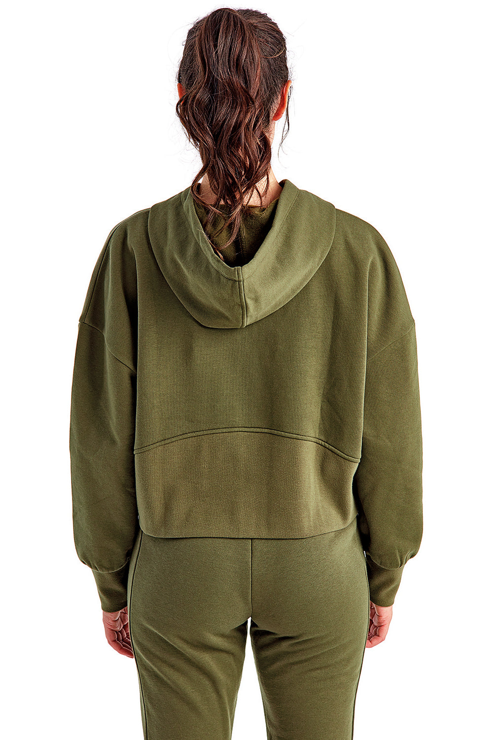 TriDri TD077 Womens Alice 1/4 Zip Hooded Sweatshirt Hoodie w/ Pouch Pocket Olive Green Model Back