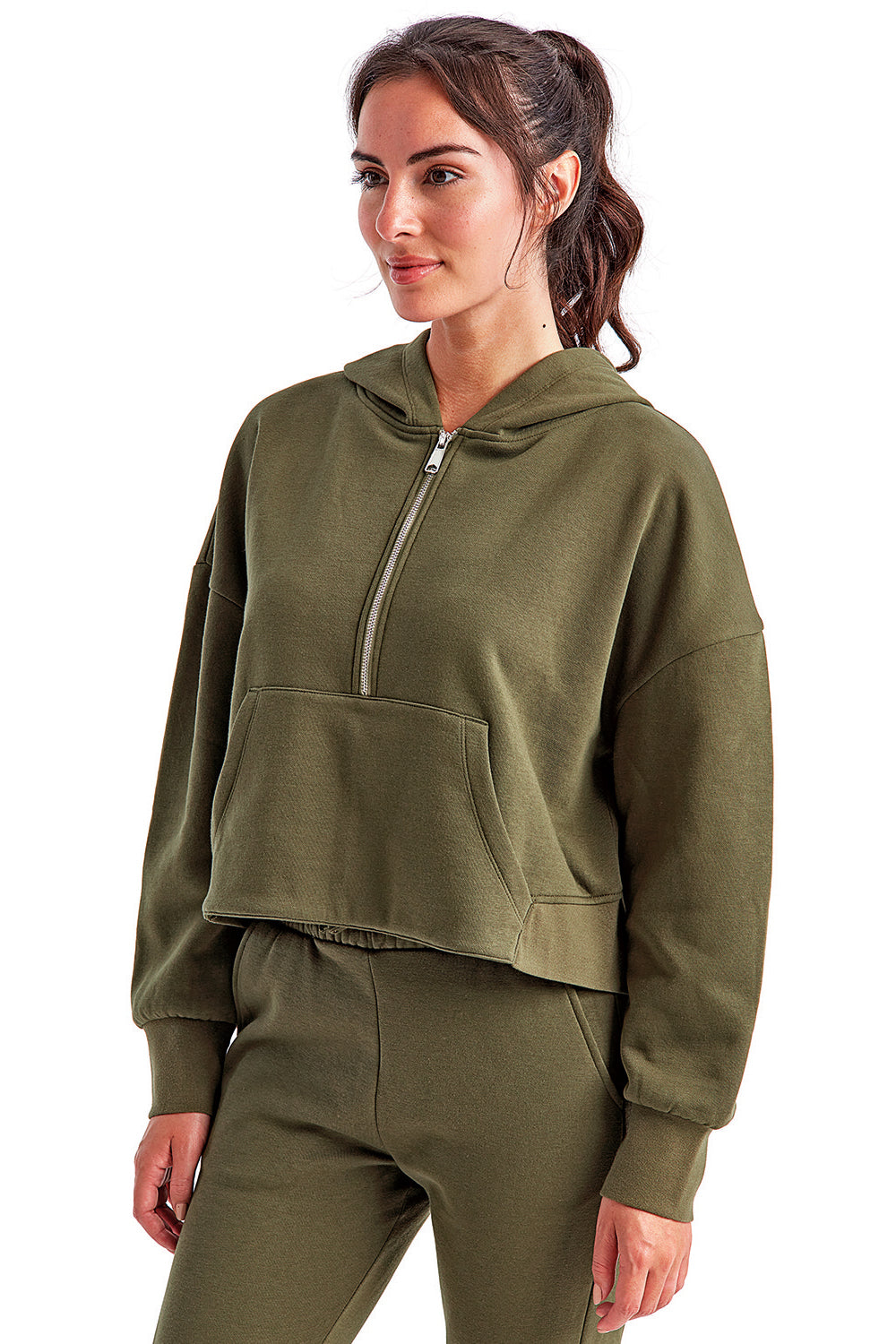 TriDri TD077 Womens Alice 1/4 Zip Hooded Sweatshirt Hoodie w/ Pouch Pocket Olive Green Model 3q