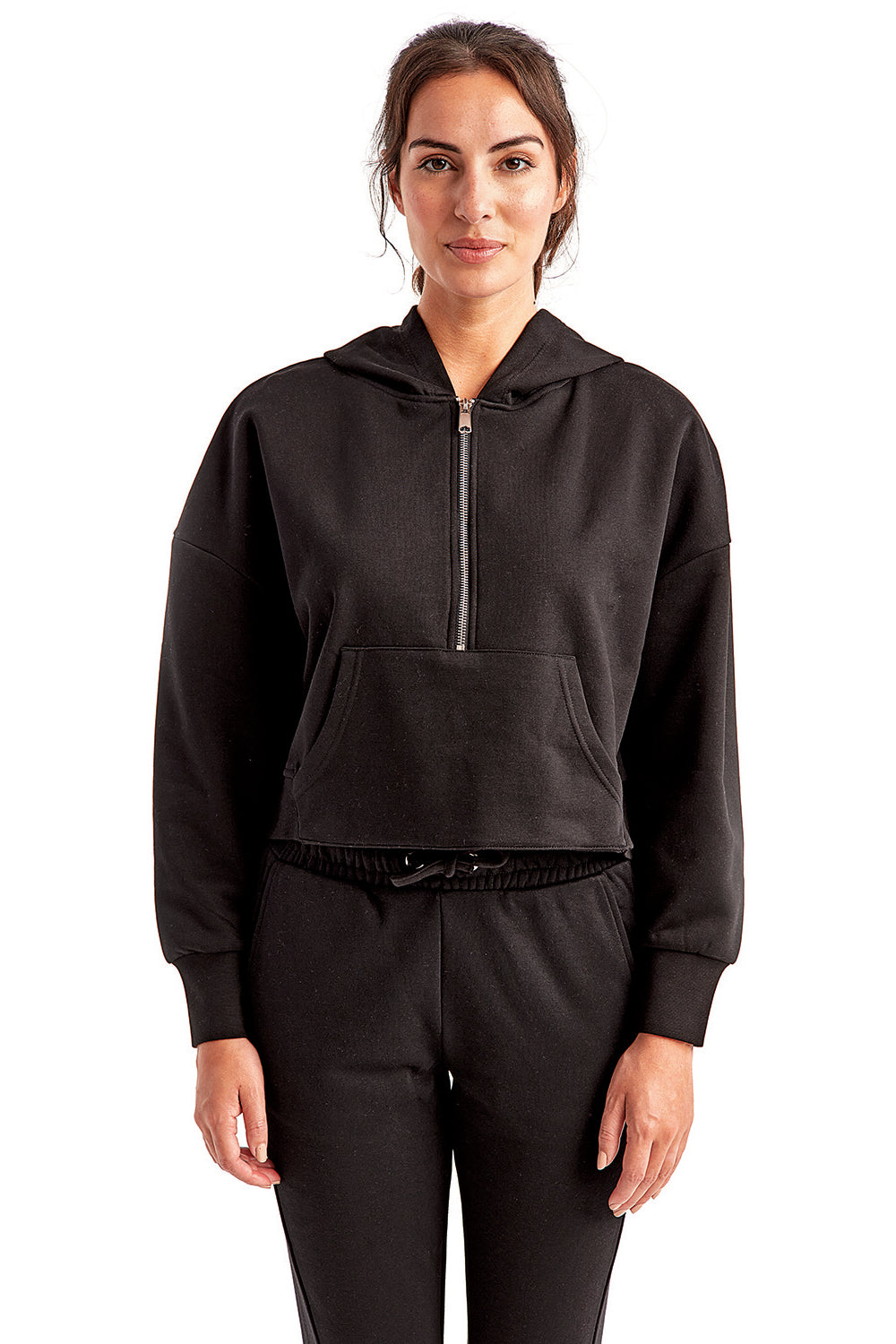 TriDri TD077 Womens Alice 1/4 Zip Hooded Sweatshirt Hoodie w/ Pouch Pocket Black Model Front