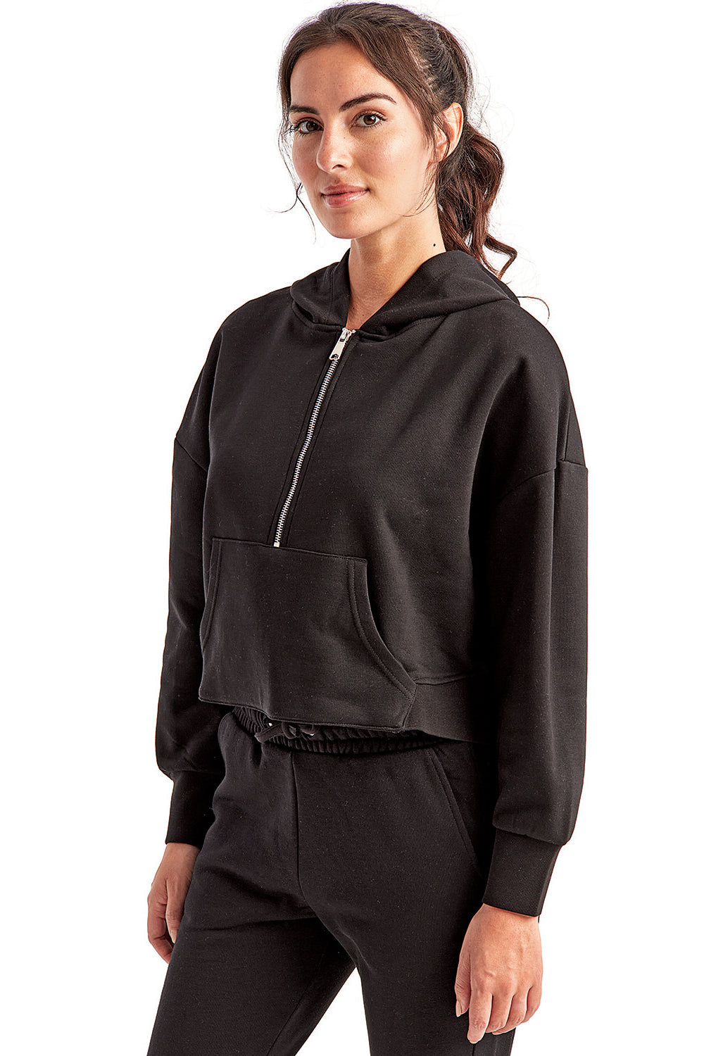 TriDri TD077 Womens Alice 1/4 Zip Hooded Sweatshirt Hoodie w/ Pouch Pocket Black Model 3q