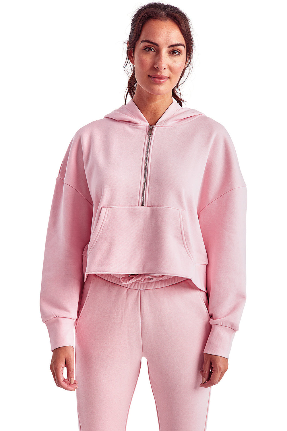 TriDri TD077 Womens Alice 1/4 Zip Hooded Sweatshirt Hoodie w/ Pouch Pocket Light Pink Model Front
