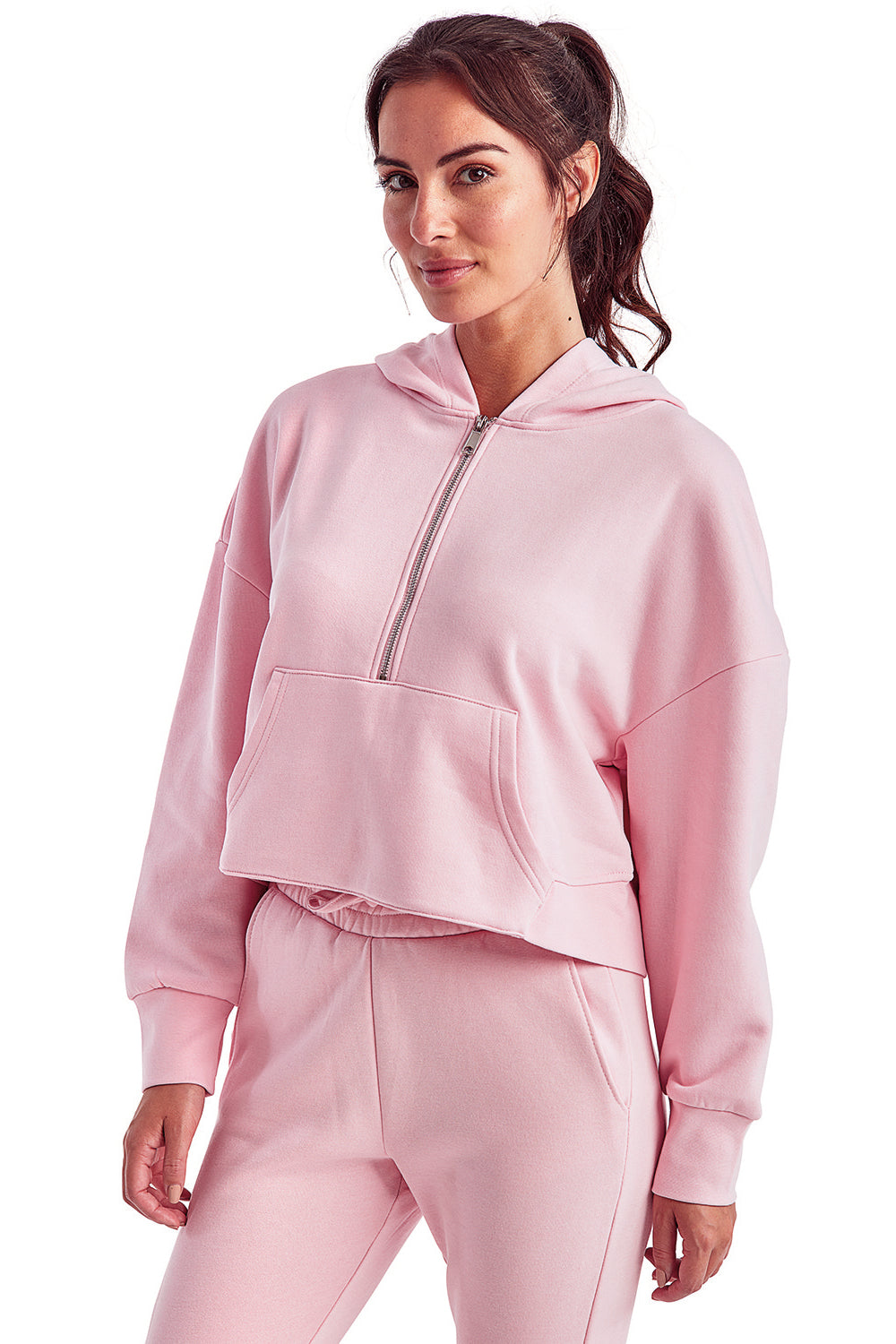 TriDri TD077 Womens Alice 1/4 Zip Hooded Sweatshirt Hoodie w/ Pouch Pocket Light Pink Model 3q
