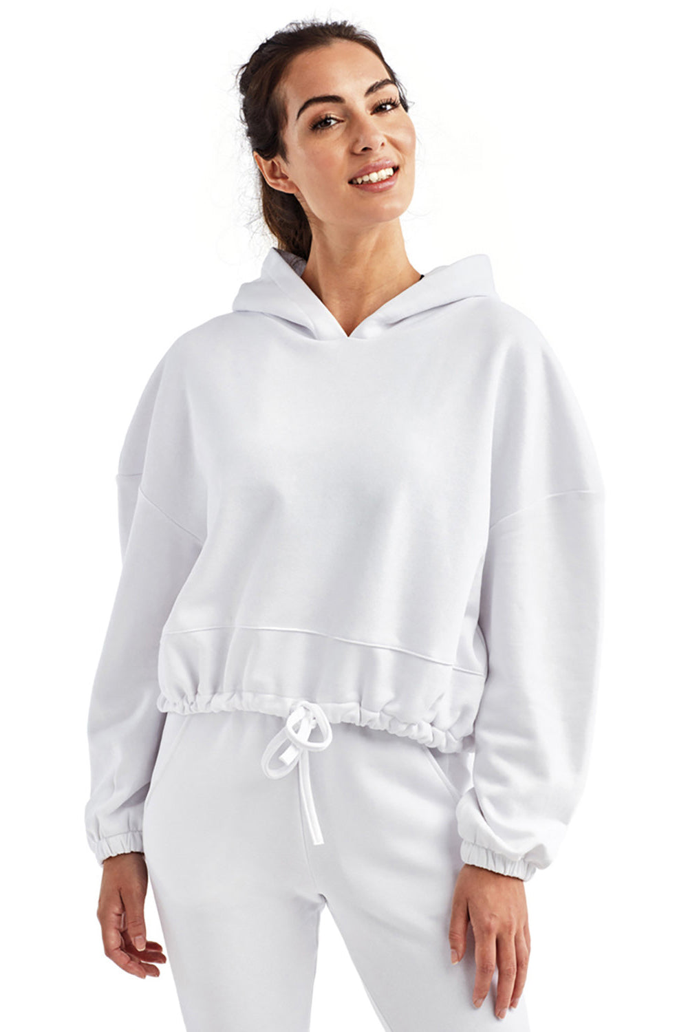 TriDri TD085 Womens Maria Cropped Hooded Sweatshirt Hoodie White Model Front