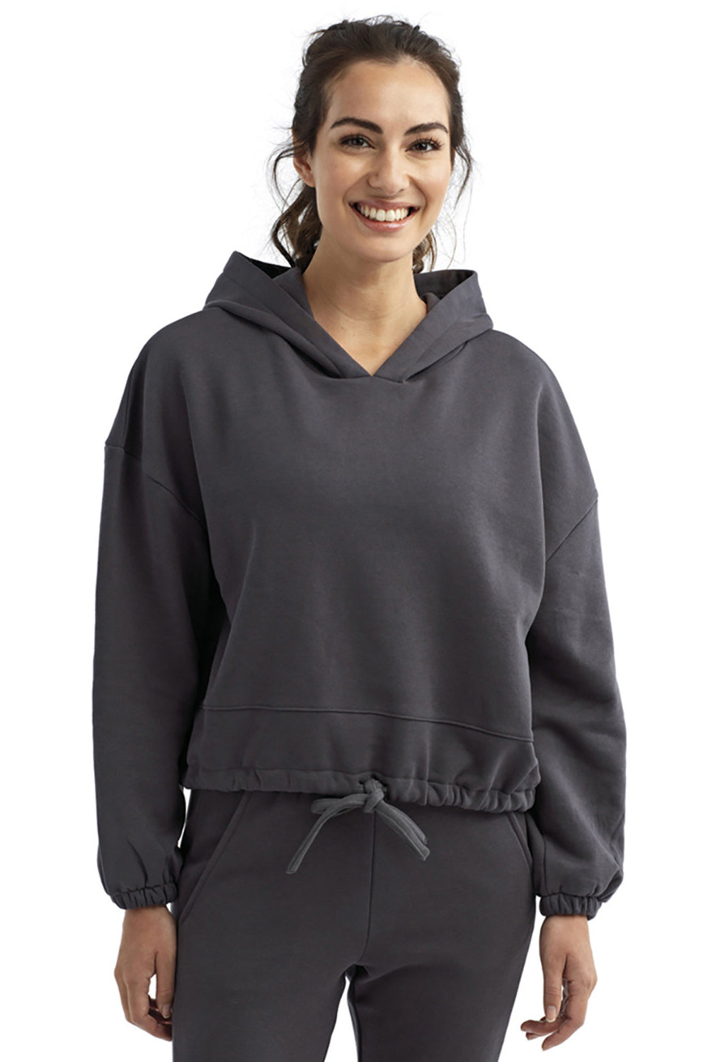 TriDri TD085 Womens Maria Cropped Hooded Sweatshirt Hoodie Charcoal Grey Model Front
