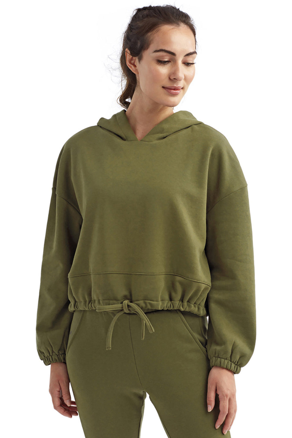 TriDri TD085 Womens Maria Cropped Hooded Sweatshirt Hoodie Olive Green Model Front