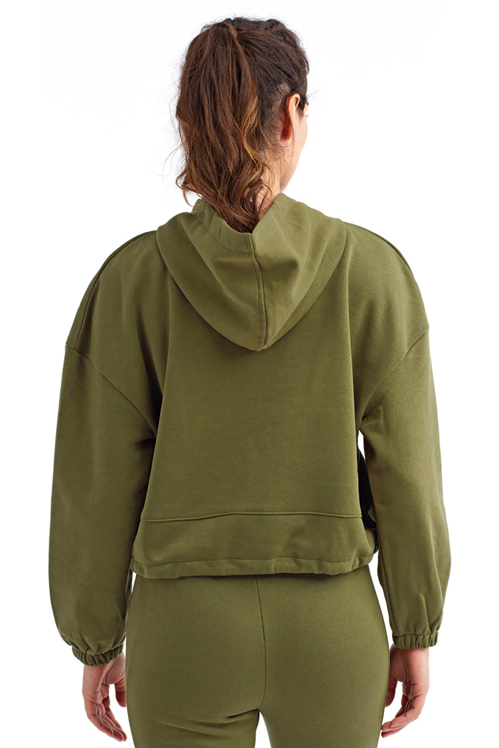 TriDri TD085 Womens Maria Cropped Hooded Sweatshirt Hoodie Olive Green Model Back