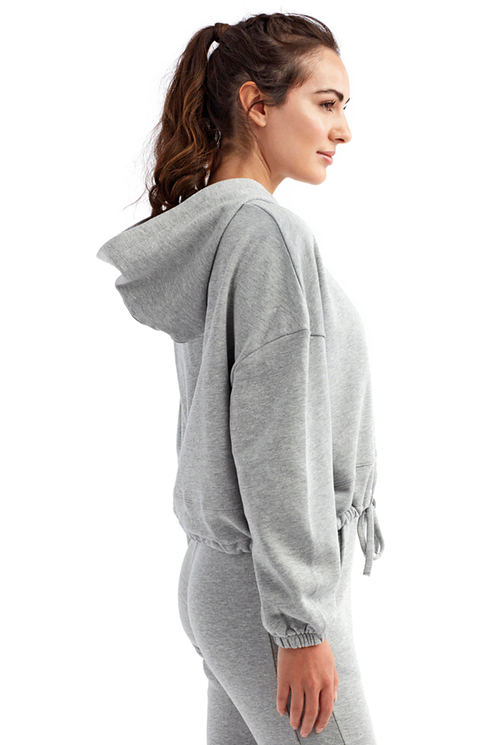 TriDri TD085 Womens Maria Cropped Hooded Sweatshirt Hoodie Heather Grey Model Side