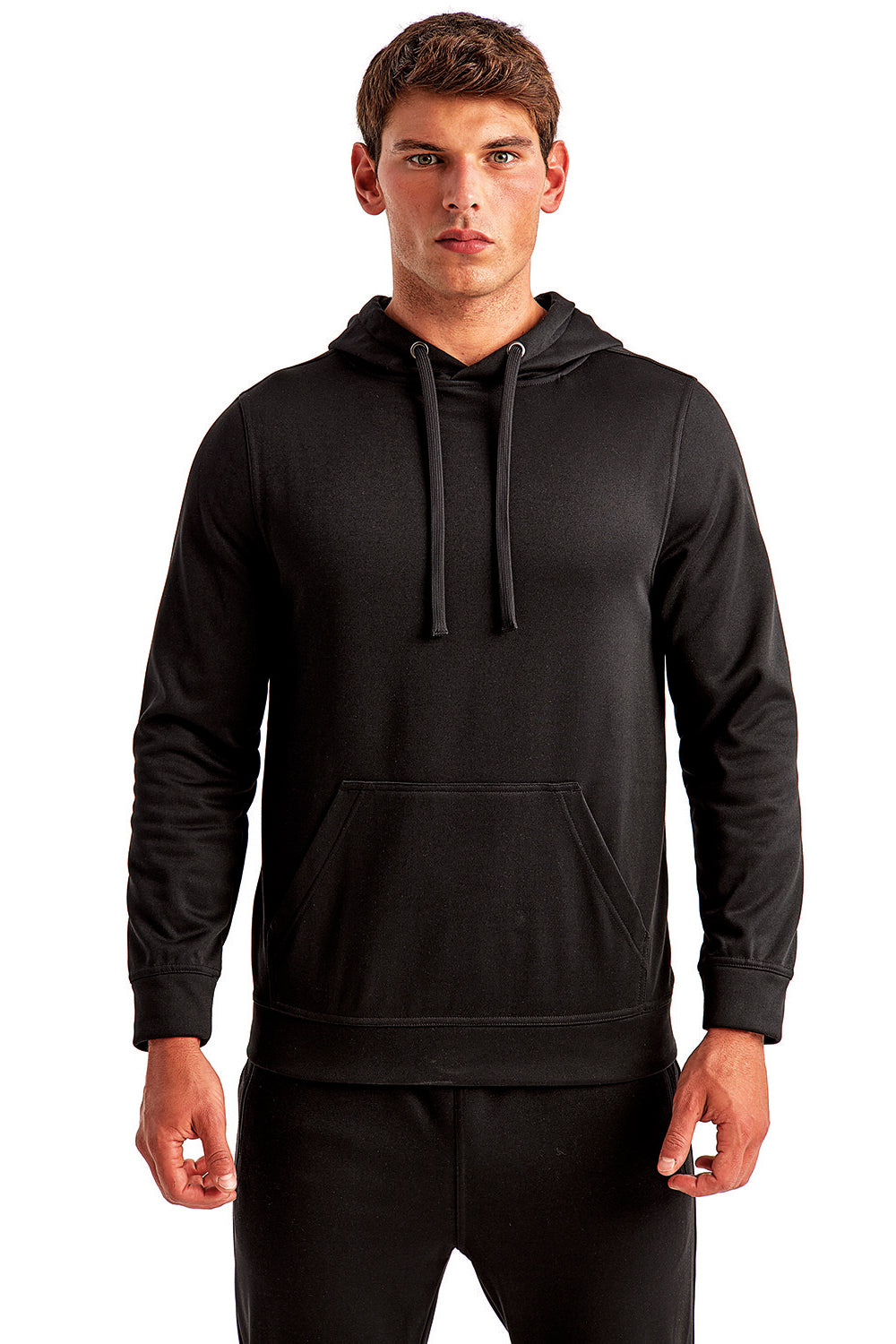 TriDri TD448 Mens Moisture Wicking Hooded Sweatshirt Hoodie w/ Pouch Pocket Black Model Front