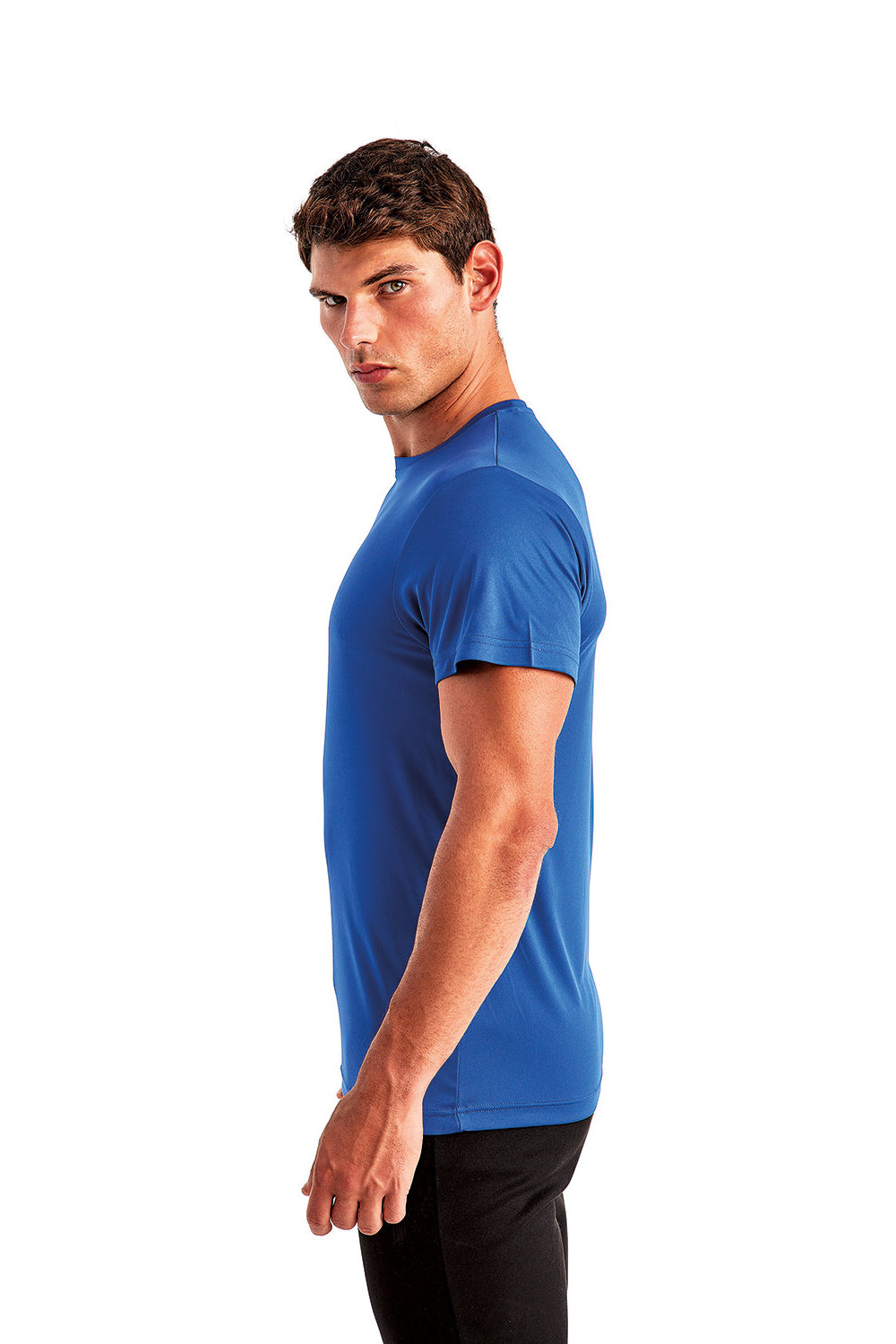 TriDri TD501 Mens Moisture Wicking Short Sleeve Crewneck T-Shirt Royal Blue Model Side