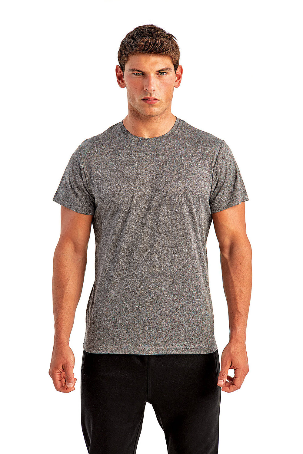 TriDri TD501 Mens Moisture Wicking Short Sleeve Crewneck T-Shirt Black Melange Model Front