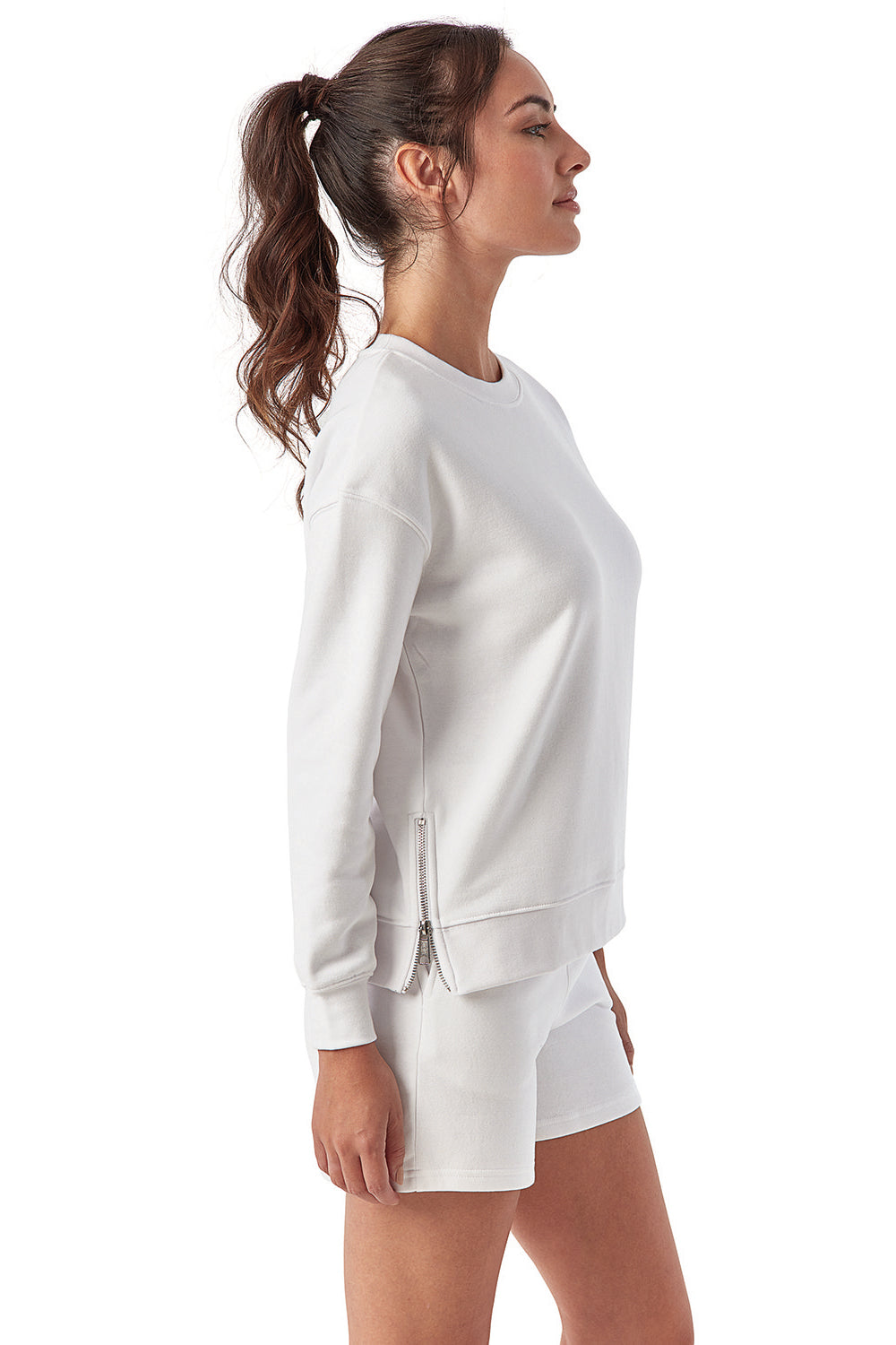 TriDri TD600 Womens Billie Side Zip Crewneck Sweatshirt White Model Side
