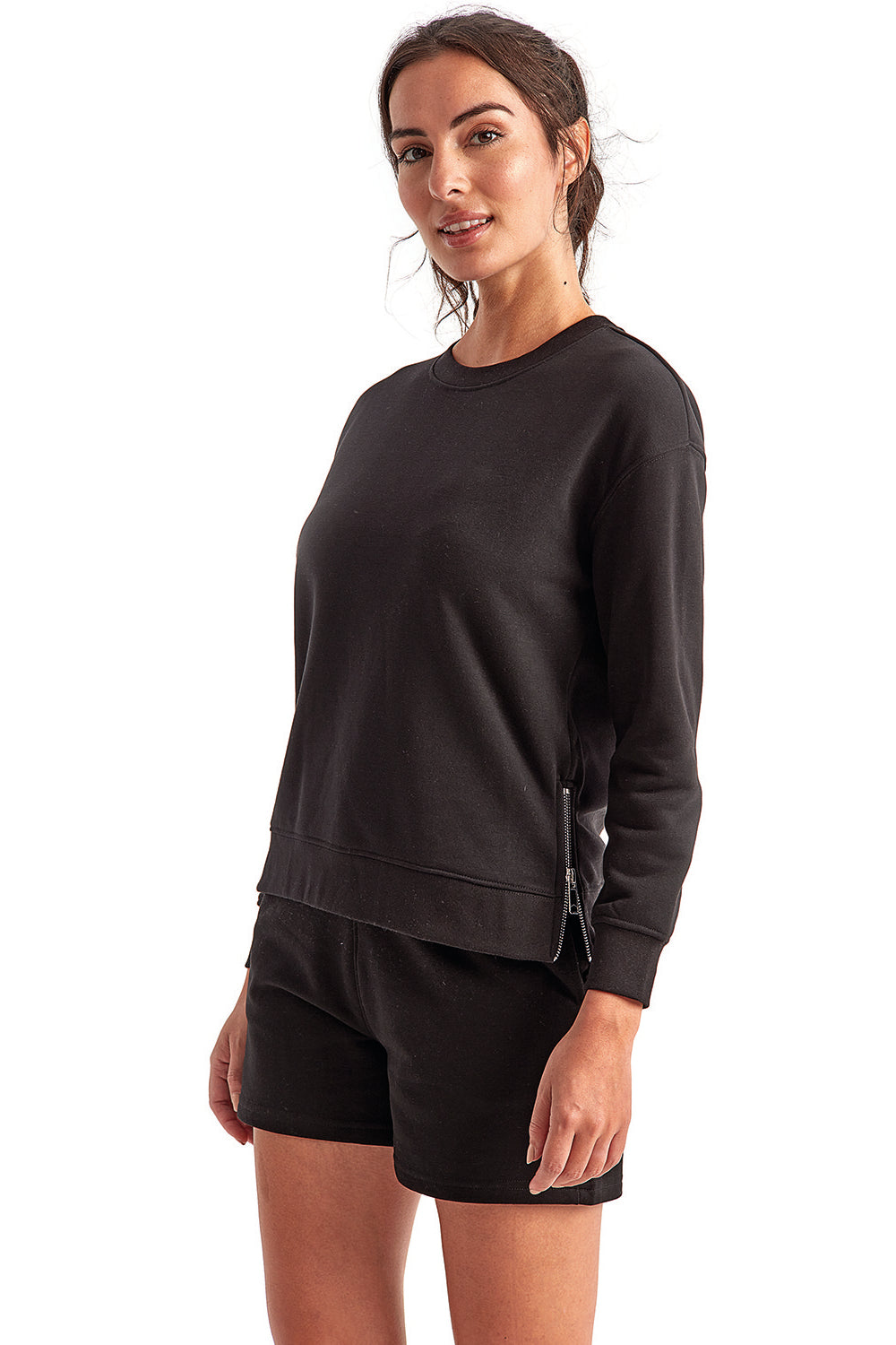 TriDri TD600 Womens Billie Side Zip Crewneck Sweatshirt Black Model 3q