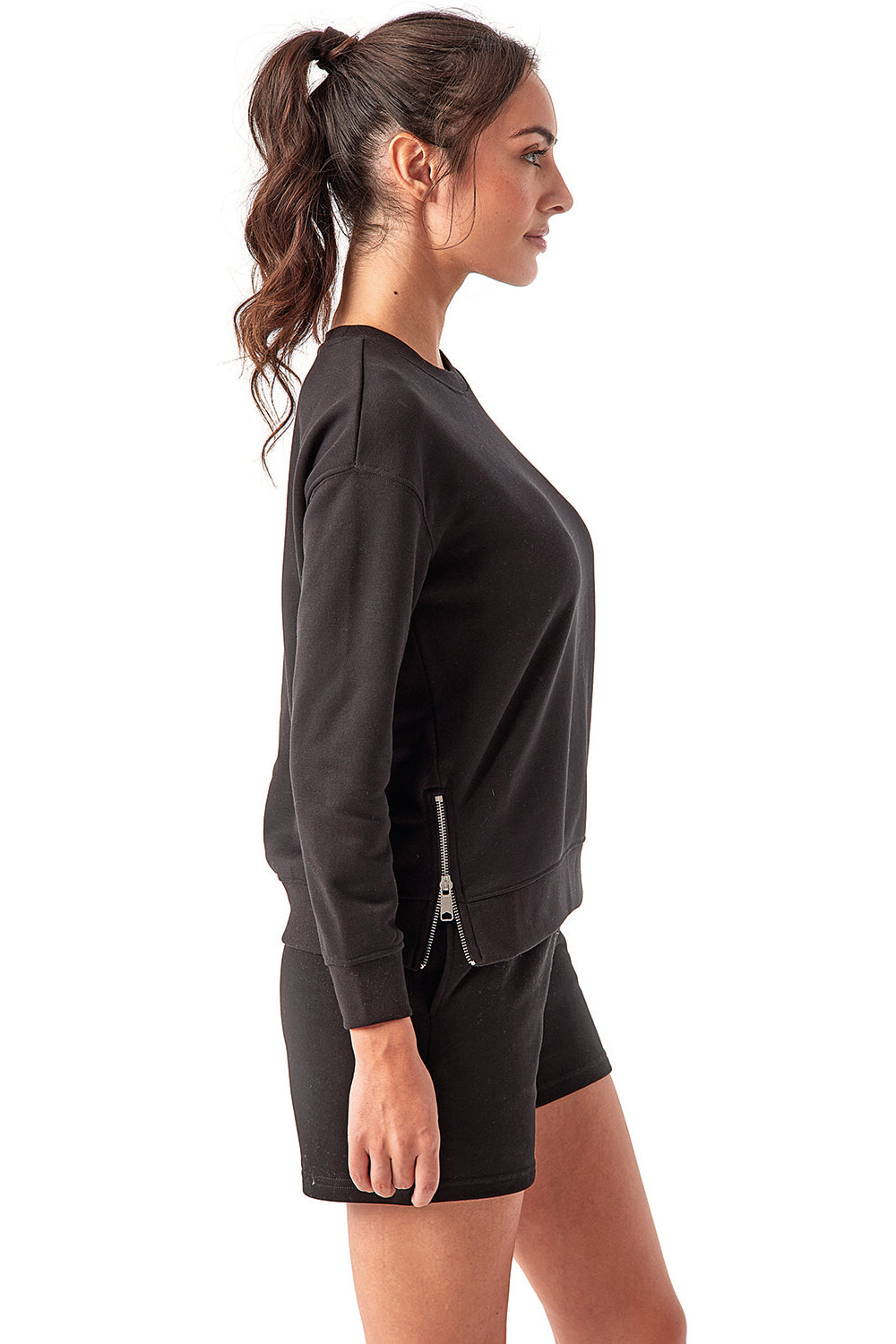 TriDri TD600 Womens Billie Side Zip Crewneck Sweatshirt Black Model Side