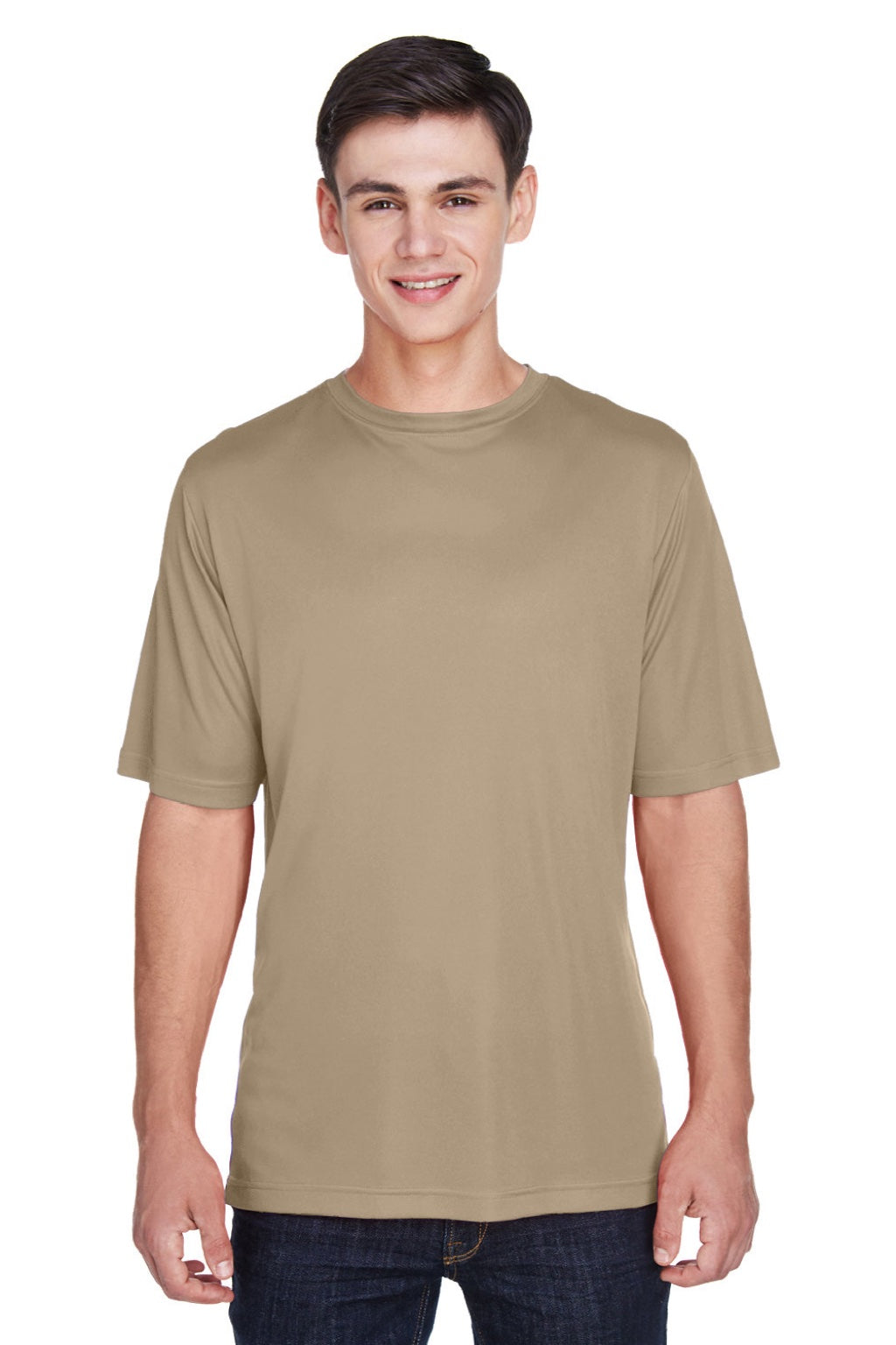 Team 365 TT11 Mens Zone Performance Moisture Wicking Short Sleeve Crewneck T-Shirt Desert Khaki Brown Model Front