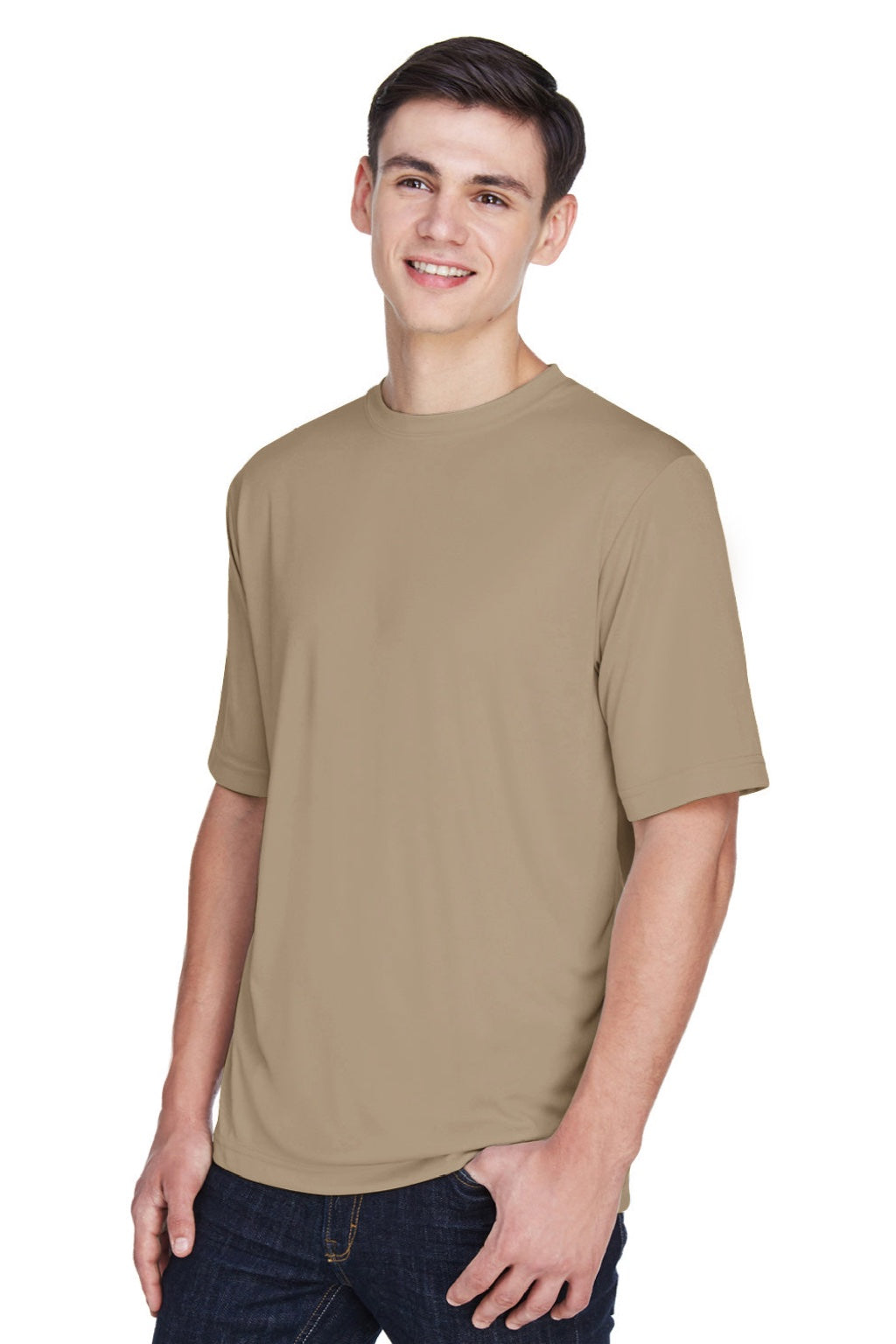 Team 365 TT11 Mens Zone Performance Moisture Wicking Short Sleeve Crewneck T-Shirt Desert Khaki Brown Model 3q