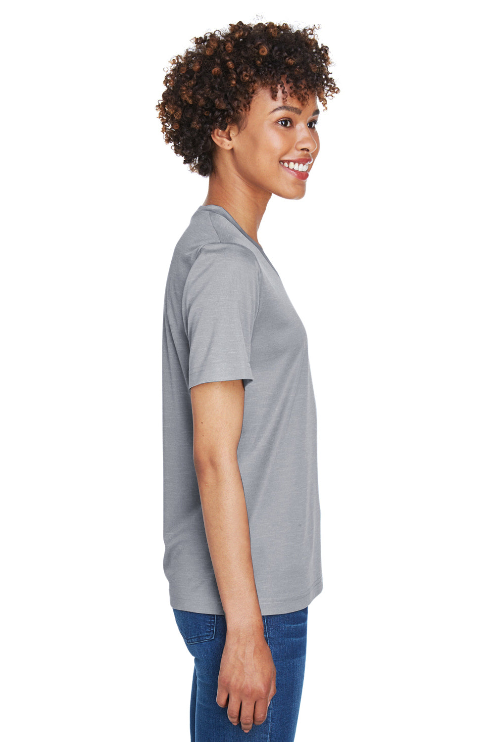 Team 365 TT11HW Womens Sonic Performance Heather Moisture Wicking Short Sleeve V-Neck T-Shirt Heather Grey Model Side