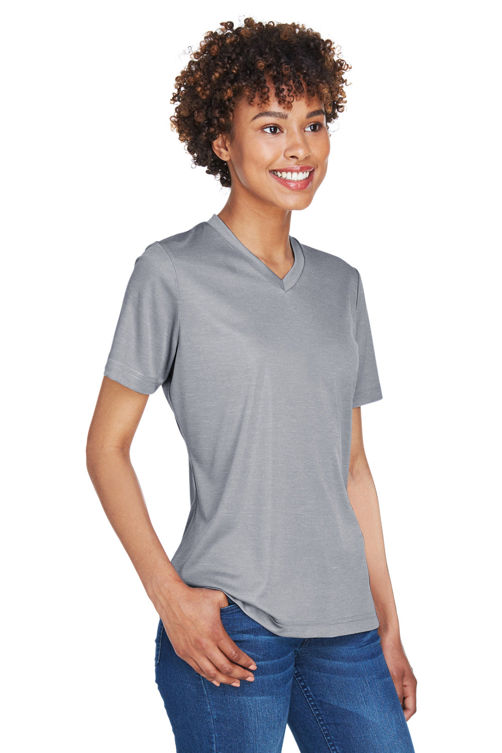 Team 365 TT11HW Womens Sonic Performance Heather Moisture Wicking Short Sleeve V-Neck T-Shirt Heather Grey Model 3q