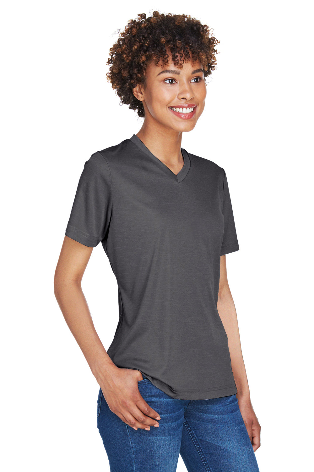 Team 365 TT11HW Womens Sonic Performance Heather Moisture Wicking Short Sleeve V-Neck T-Shirt Heather Dark Grey Model 3q