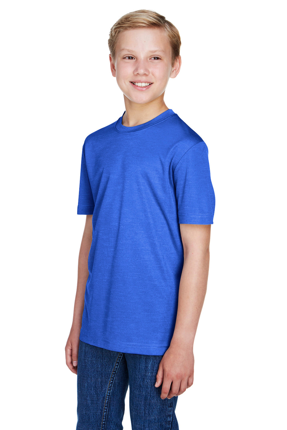 Team 365 TT11HY Youth Sonic Performance Heather Moisture Wicking Short Sleeve Crewneck T-Shirt Heather Royal Blue Model 3q