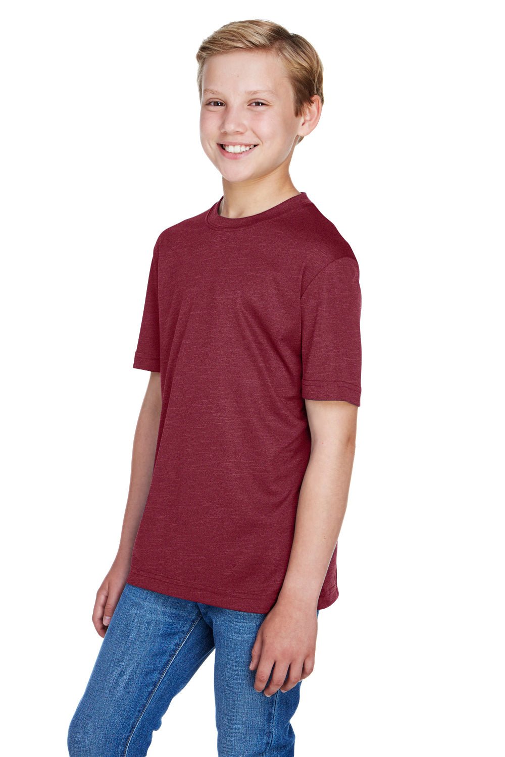 Team 365 TT11HY Youth Sonic Performance Heather Moisture Wicking Short Sleeve Crewneck T-Shirt Heather Maroon Model 3q