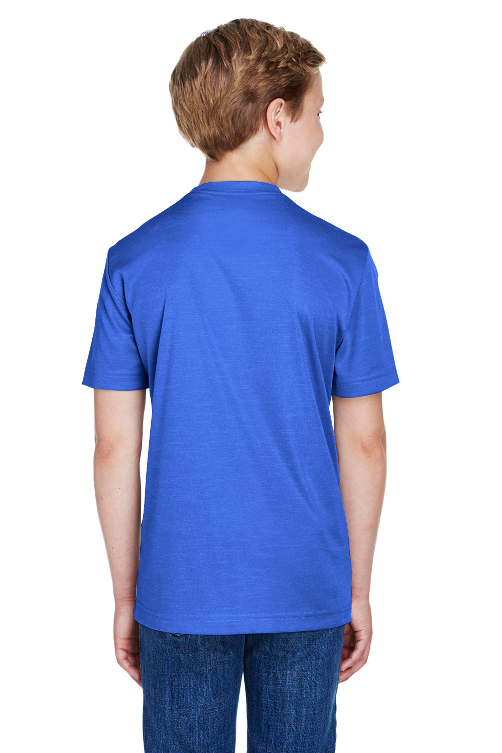Team 365 TT11HY Youth Sonic Performance Heather Moisture Wicking Short Sleeve Crewneck T-Shirt Heather Royal Blue Model Back
