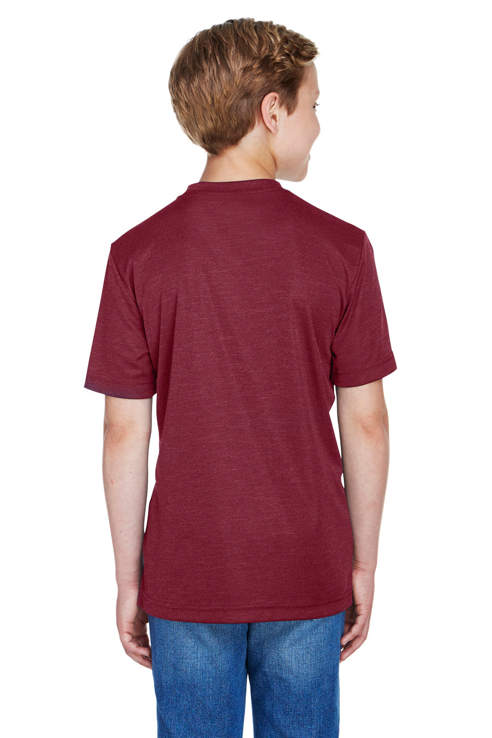 Team 365 TT11HY Youth Sonic Performance Heather Moisture Wicking Short Sleeve Crewneck T-Shirt Heather Maroon Model Back