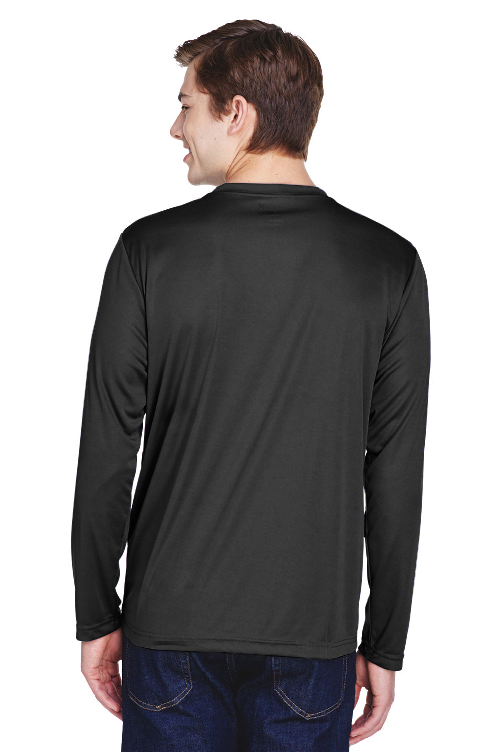 Team 365 TT11L Mens Zone Performance Moisture Wicking Long Sleeve Crewneck T-Shirt Black Model Back