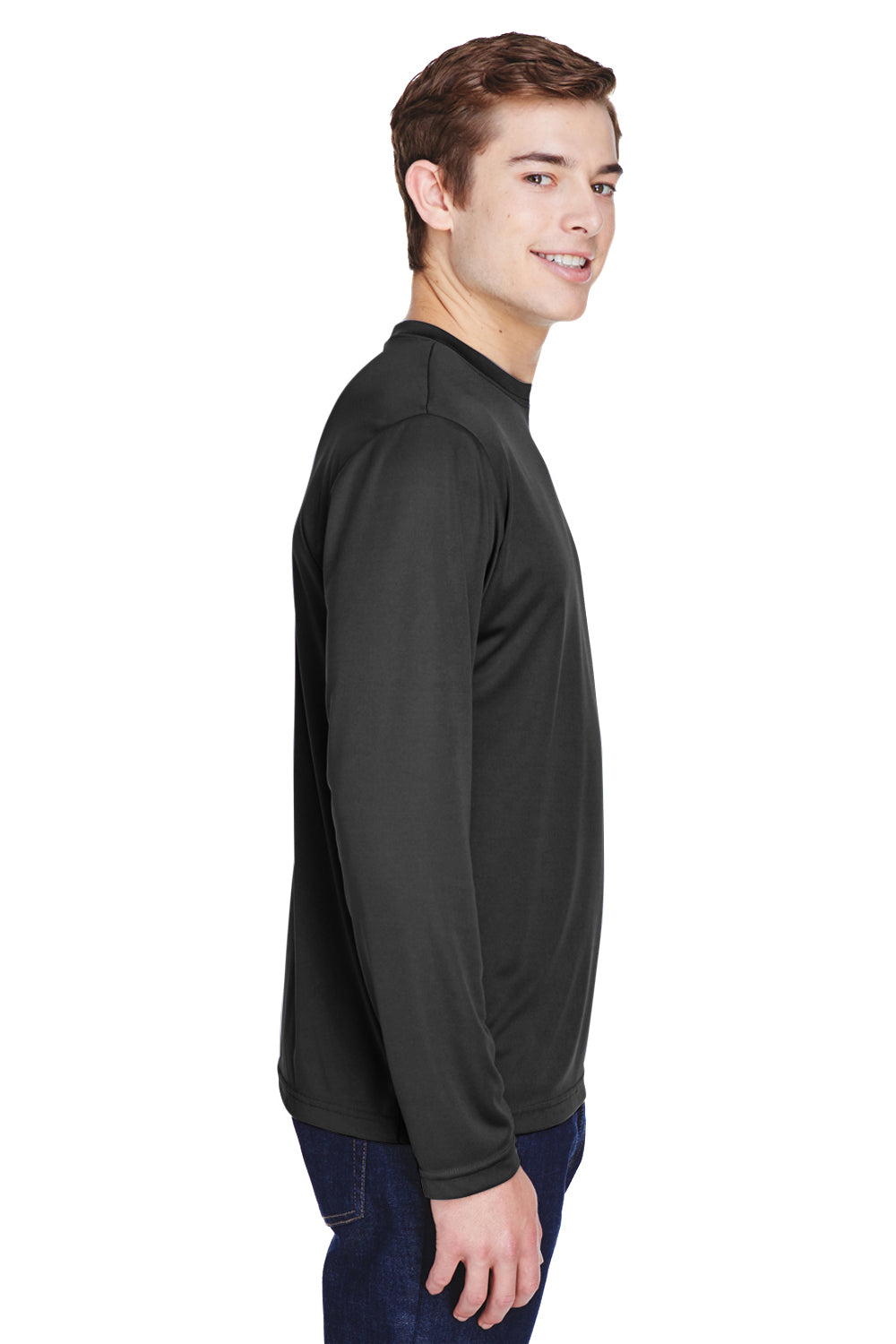 Team 365 TT11L Mens Zone Performance Moisture Wicking Long Sleeve Crewneck T-Shirt Black Model Side