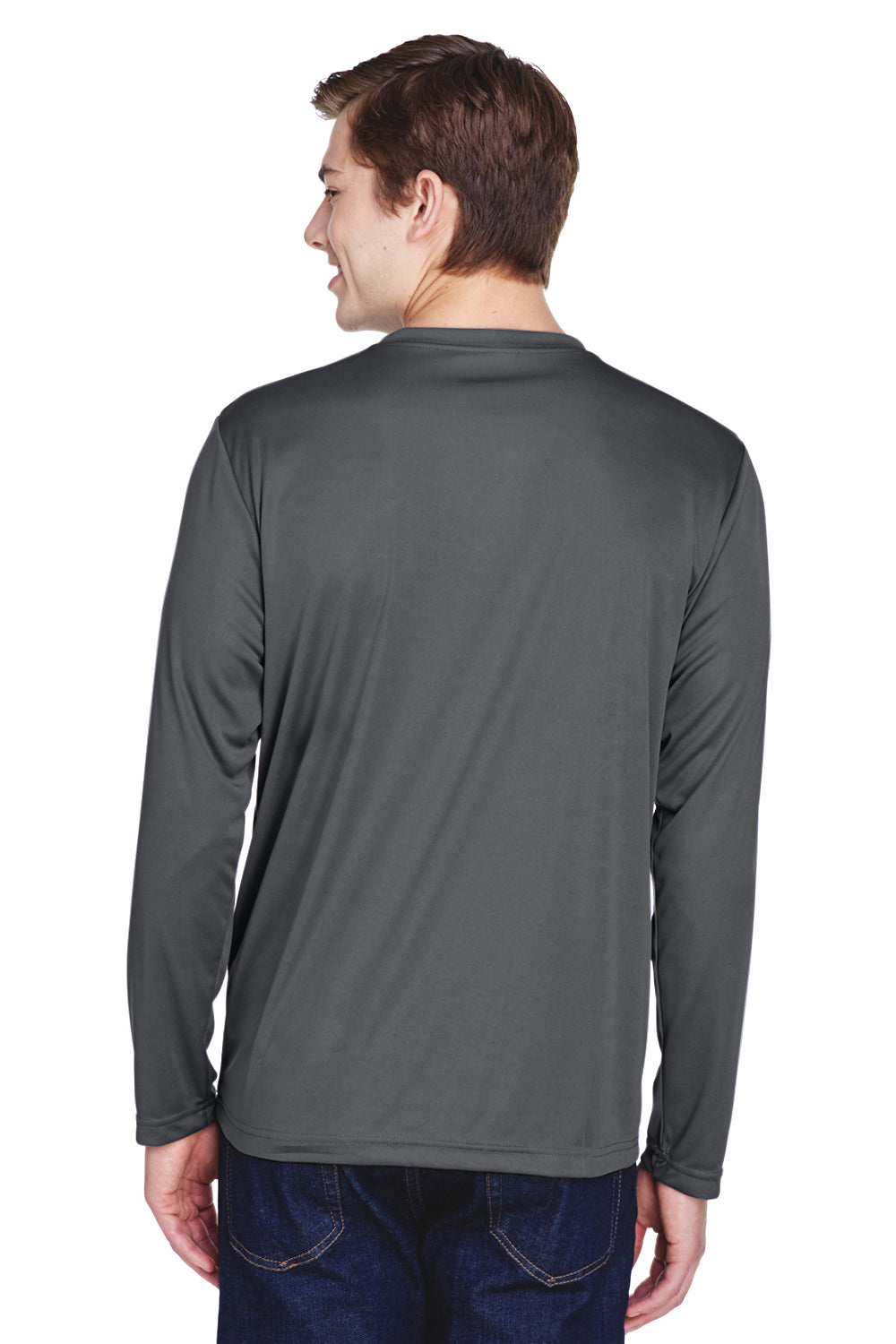 Team 365 TT11L Mens Zone Performance Moisture Wicking Long Sleeve Crewneck T-Shirt Graphite Grey Model Back