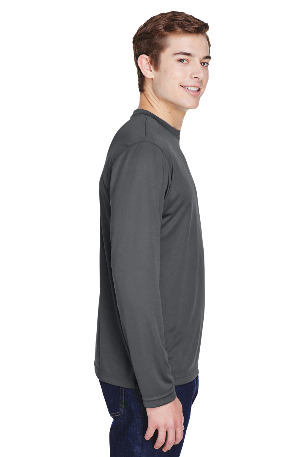 Team 365 TT11L Mens Zone Performance Moisture Wicking Long Sleeve Crewneck T-Shirt Graphite Grey Model Side