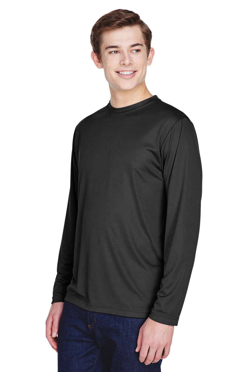 Team 365 TT11L Mens Zone Performance Moisture Wicking Long Sleeve Crewneck T-Shirt Black Model 3q