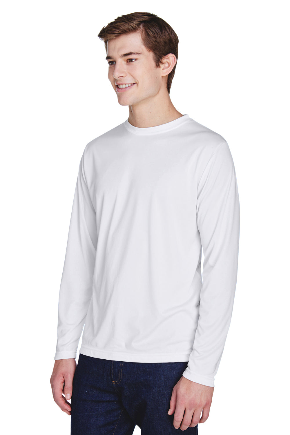 Team 365 TT11L Mens Zone Performance Moisture Wicking Long Sleeve Crewneck T-Shirt White Model 3q