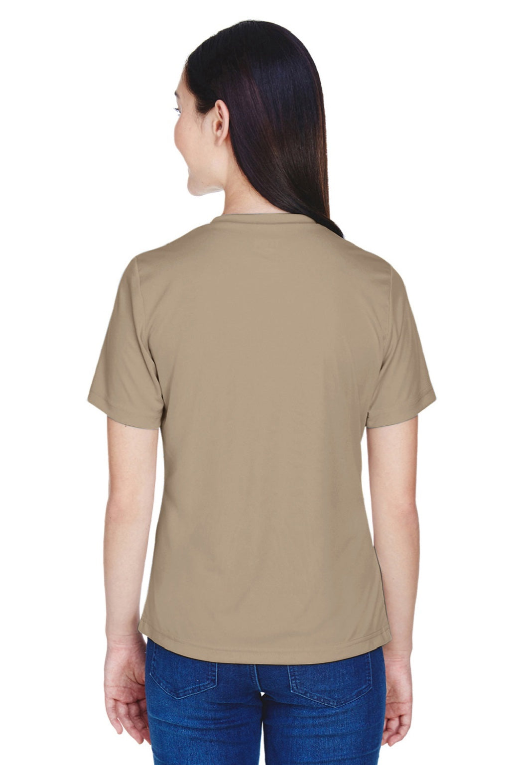 Team 365 TT11W Womens Zone Performance Moisture Wicking Short Sleeve V-Neck T-Shirt Desert Khaki Brown Model Back