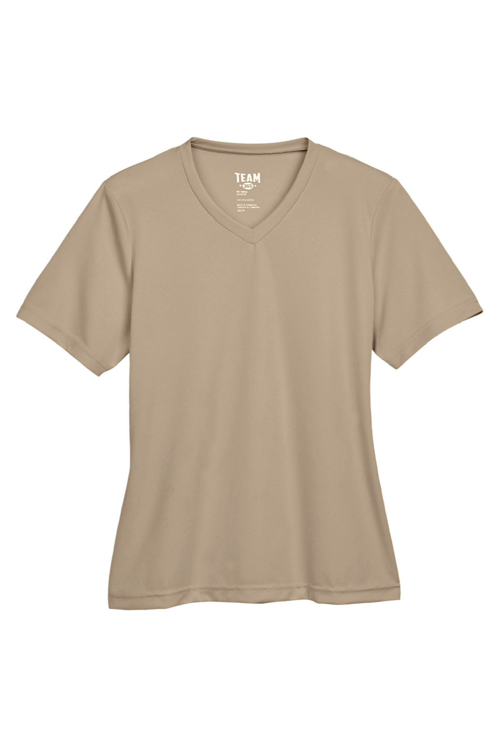 Team 365 TT11W Womens Zone Performance Moisture Wicking Short Sleeve V-Neck T-Shirt Desert Khaki Brown Flat Front