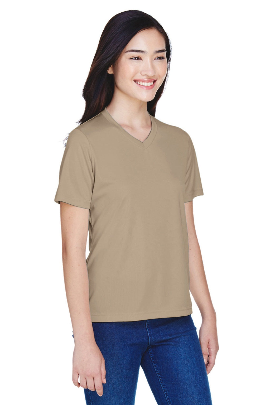 Team 365 TT11W Womens Zone Performance Moisture Wicking Short Sleeve V-Neck T-Shirt Desert Khaki Brown Model 3q
