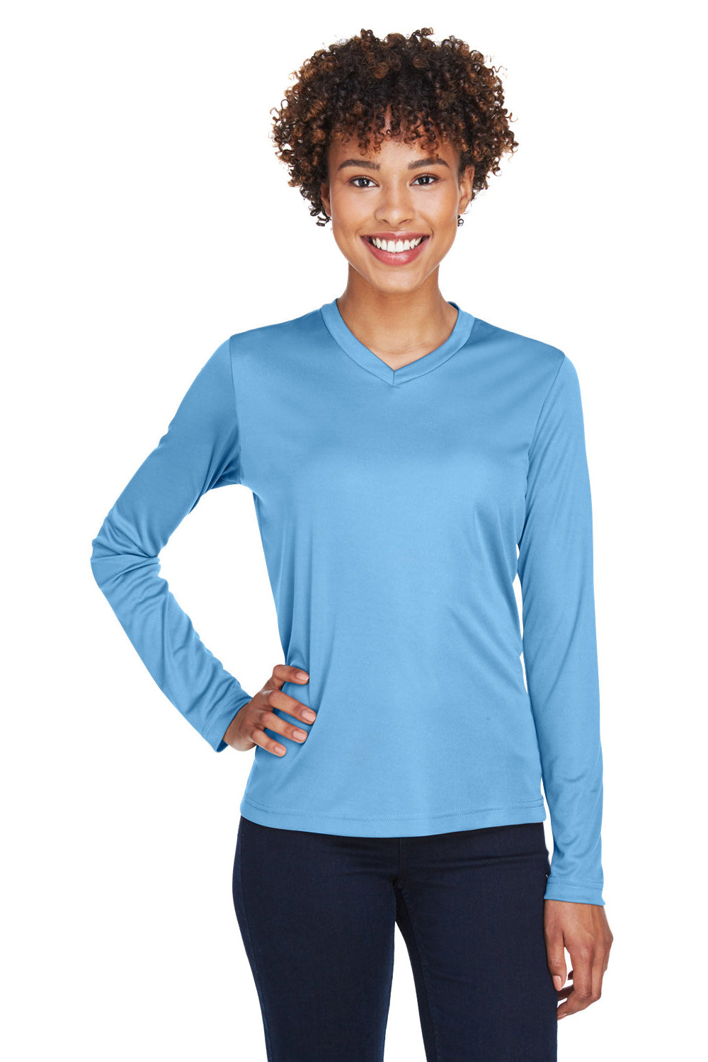 Team 365 TT11WL Womens Zone Performance Moisture Wicking Long Sleeve Crewneck T-Shirt Light Blue Model Front