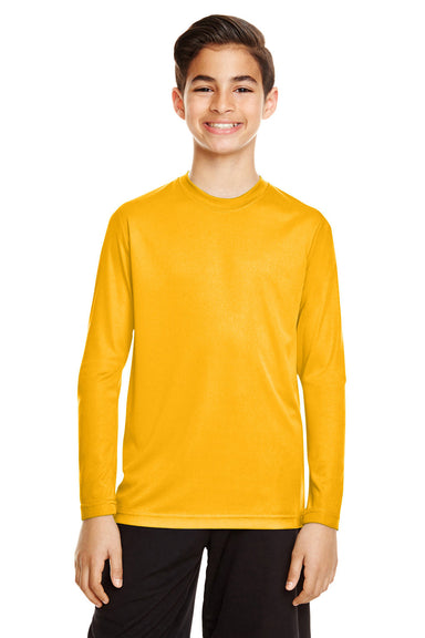 Team 365 TT11YL Youth Zone Performance Moisture Wicking Long Sleeve Crewneck T-Shirt Athletic Gold Model Front