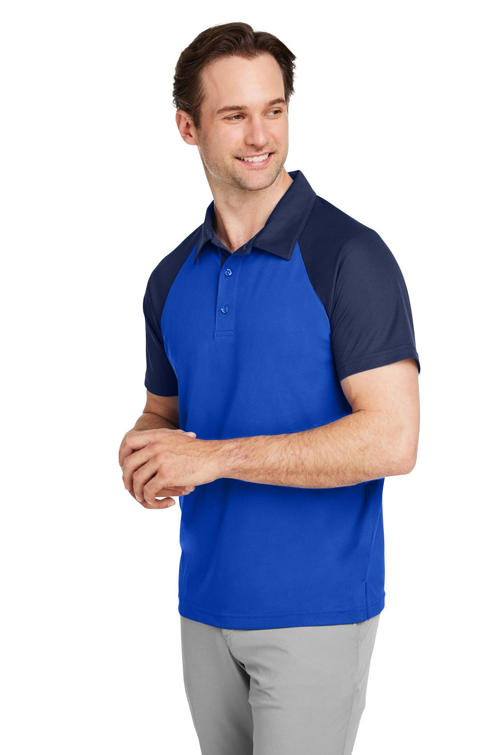 Team 365 TT21C Mens Command Colorblock Moisture Wicking Short Sleeve Polo Shirt Royal Blue/Dark Navy Blue Model 3q