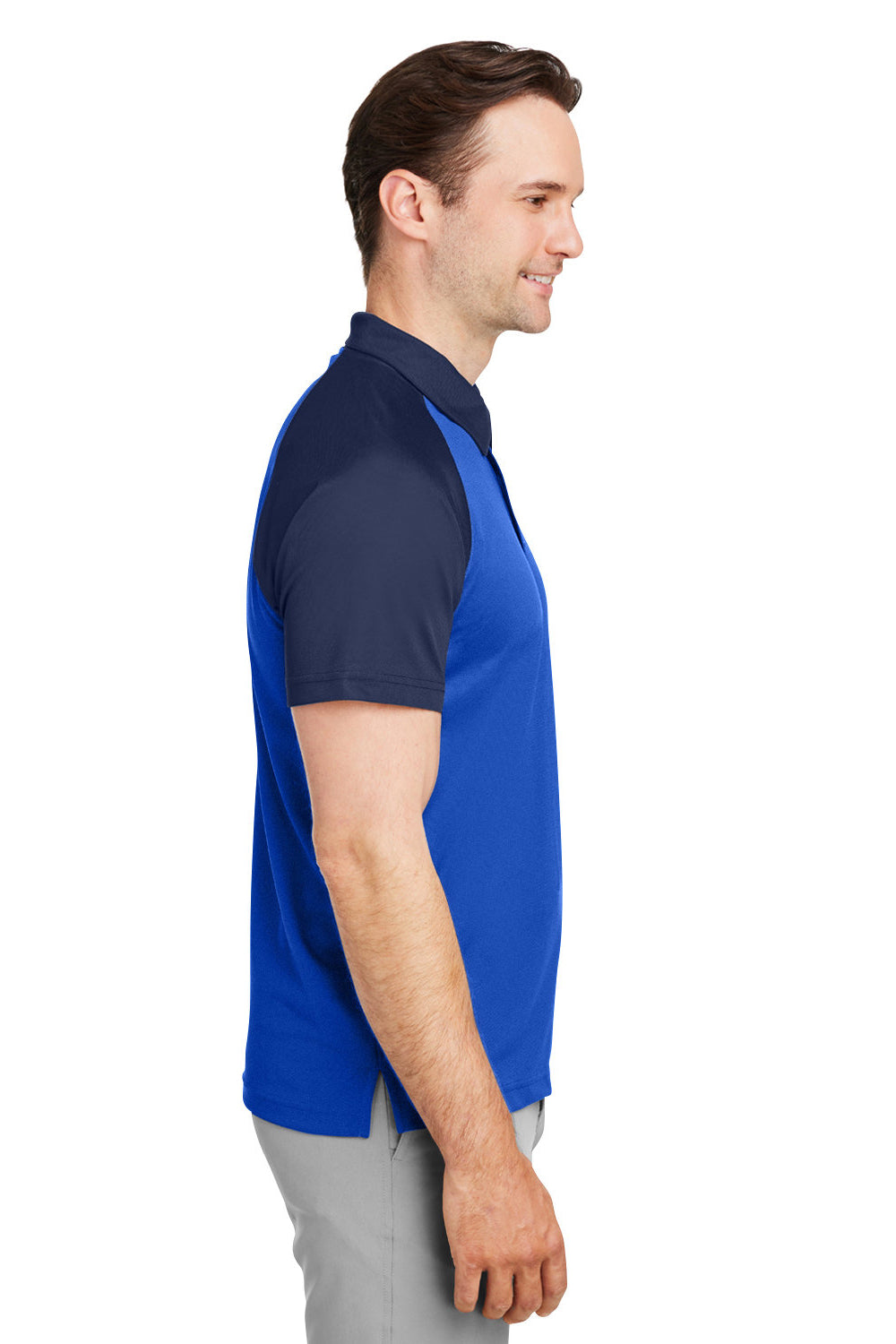 Team 365 TT21C Mens Command Colorblock Moisture Wicking Short Sleeve Polo Shirt Royal Blue/Dark Navy Blue Model Side