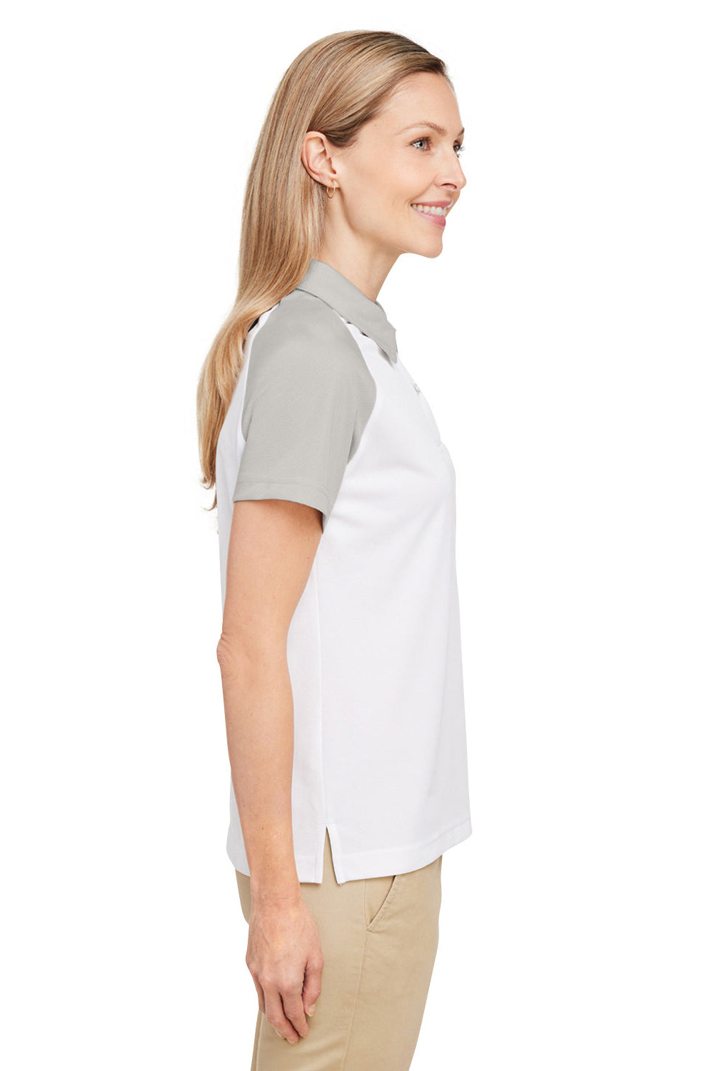 Team 365 TT21CW Womens Command Colorblock Moisture Wicking Short Sleeve Polo Shirt White/Silver Grey Model Side