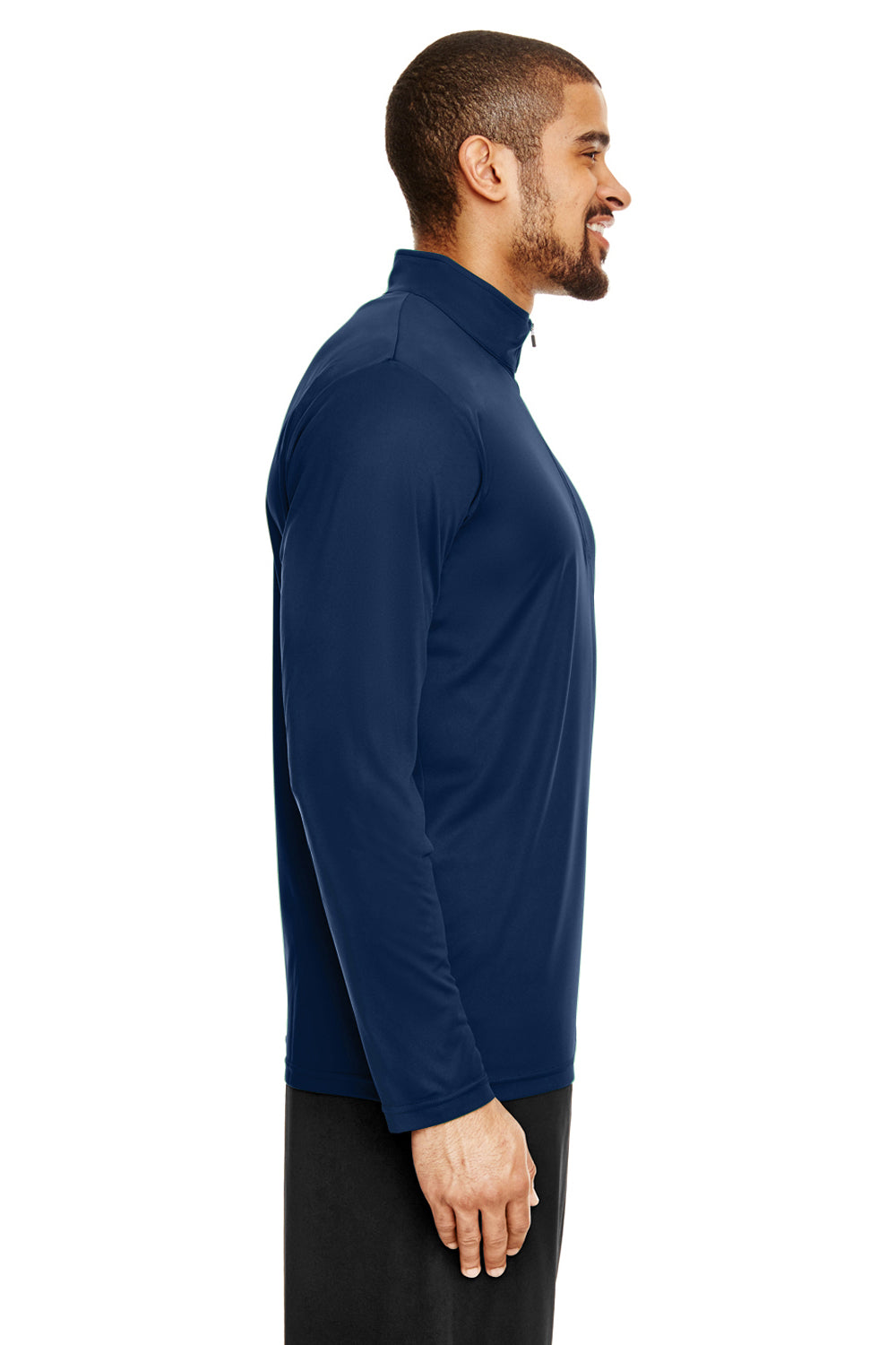 Team 365 TT31 Mens Zone Performance Moisture Wicking 1/4 Zip Sweatshirt Dark Navy Blue Model Side