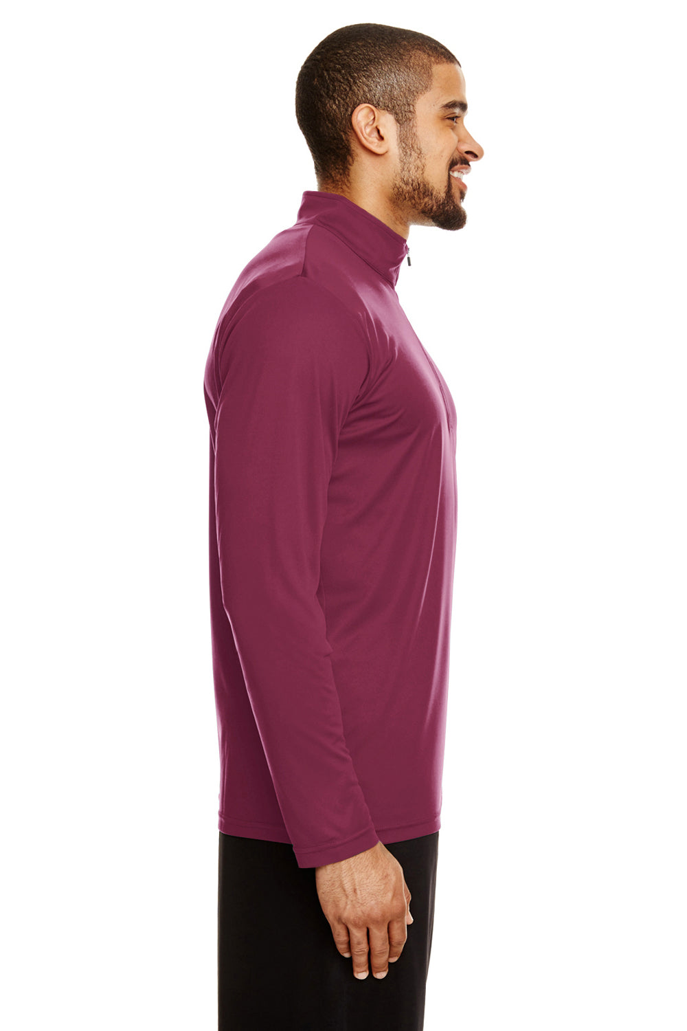 Team 365 TT31 Mens Zone Performance Moisture Wicking 1/4 Zip Sweatshirt Maroon Model Side