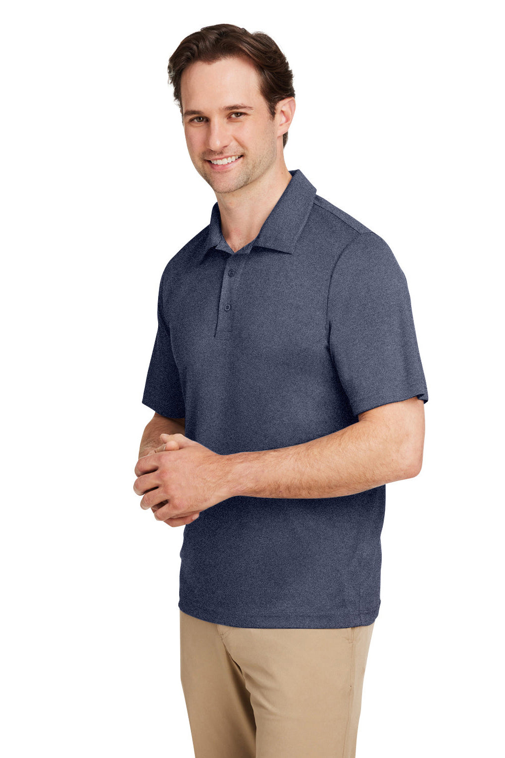 Team 365 TT51H Mens Zone Sonic Moisture Wicking Short Sleeve Polo Shirt Heather Dark Navy Blue Model 3q