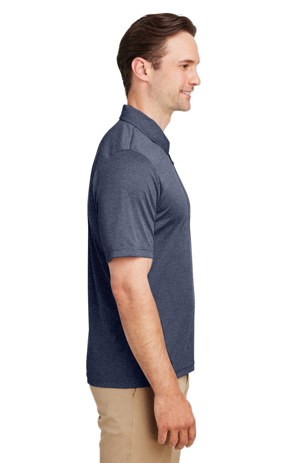 Team 365 TT51H Mens Zone Sonic Moisture Wicking Short Sleeve Polo Shirt Heather Dark Navy Blue Model Side