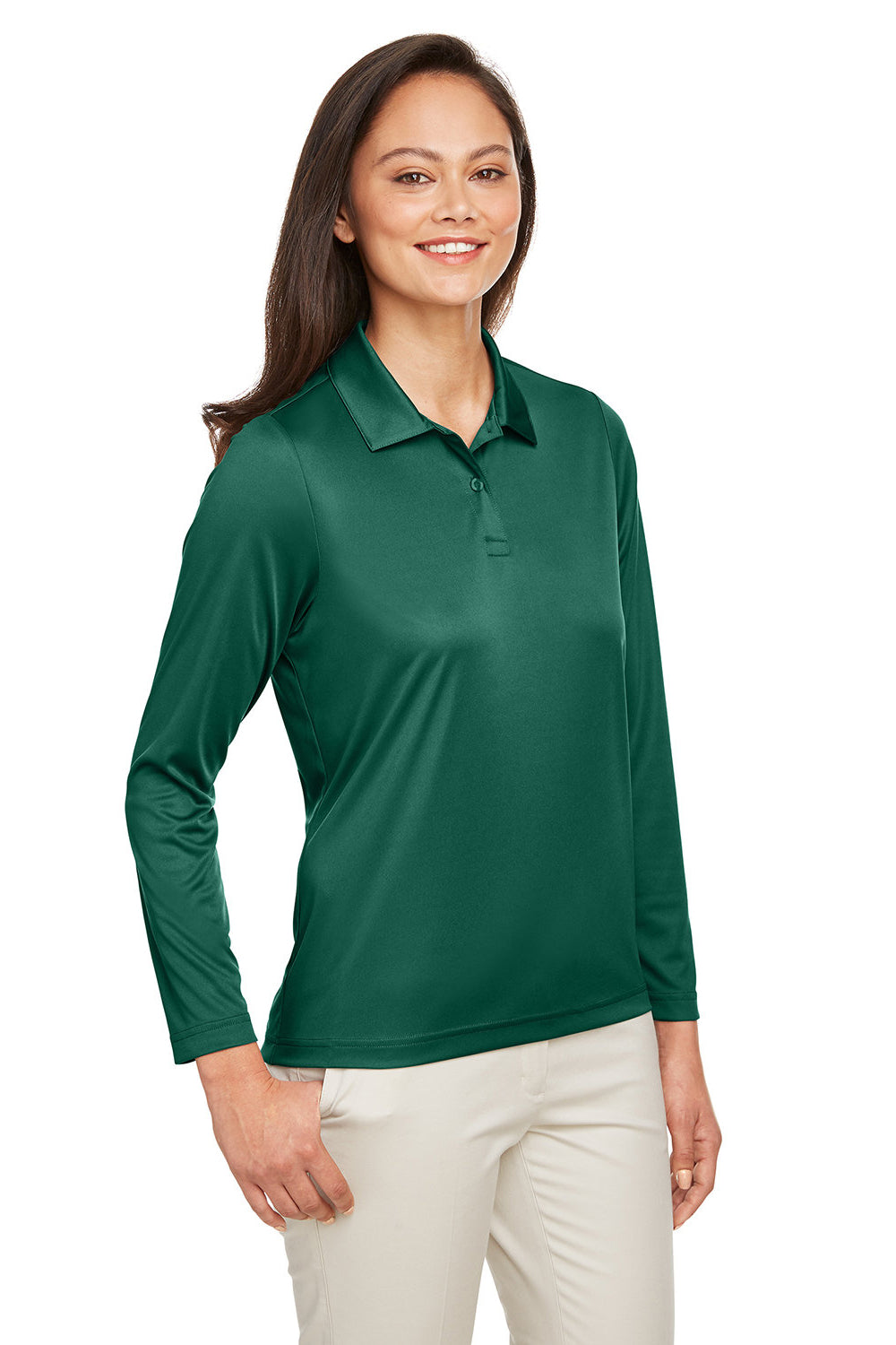 Team 365 TT51LW Womens Zone Sonic Moisture Wicking Long Sleeve Polo Shirt Forest Green Model 3q